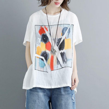 Mode reine Leinenbluse Plus Size Casual Sommer Kurzarm Schlitz Rundhals Weiß Tops