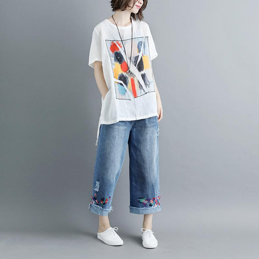 Mode reine Leinenbluse Plus Size Casual Sommer Kurzarm Schlitz Rundhals Weiß Tops