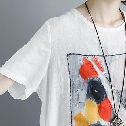 Mode reine Leinenbluse Plus Size Casual Sommer Kurzarm Schlitz Rundhals Weiß Tops