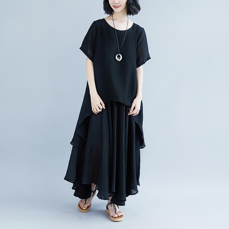 Mode reines Leinen Tops übergroßen Casual Kurzarm schwarz Taschen gefälschte zweiteiliges Kleid