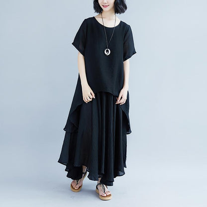 Mode reines Leinen Tops übergroßen Casual Kurzarm schwarz Taschen gefälschte zweiteiliges Kleid