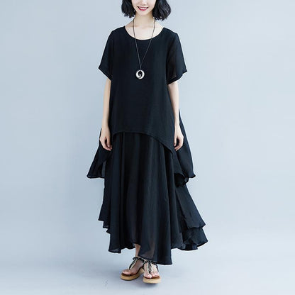 Mode reines Leinen Tops übergroßen Casual Kurzarm schwarz Taschen gefälschte zweiteiliges Kleid