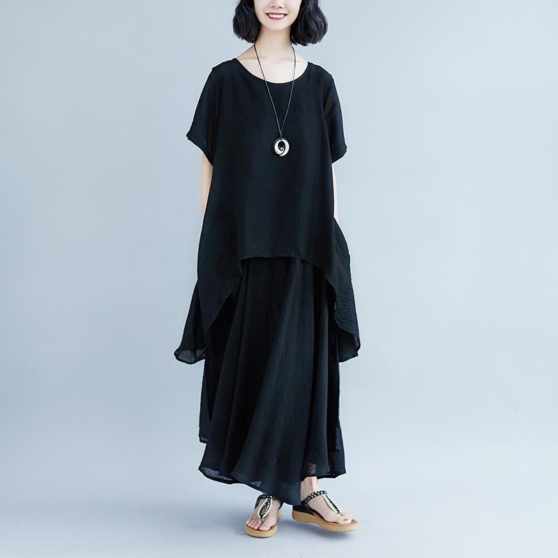 Mode reines Leinen Tops übergroßen Casual Kurzarm schwarz Taschen gefälschte zweiteiliges Kleid