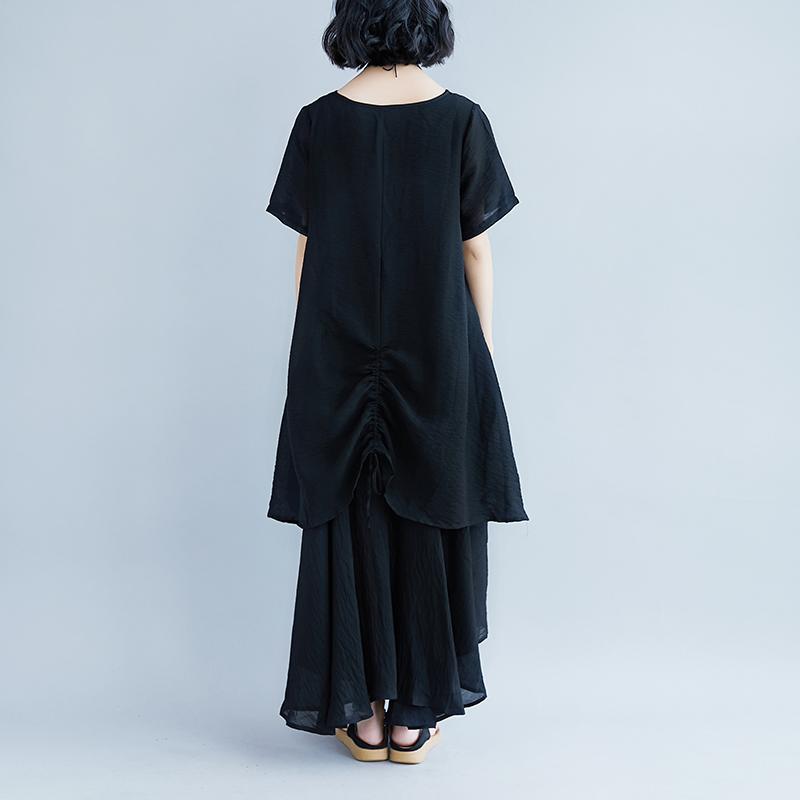 Mode reines Leinen Tops übergroßen Casual Kurzarm schwarz Taschen gefälschte zweiteiliges Kleid