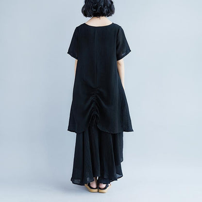 Mode reines Leinen Tops übergroßen Casual Kurzarm schwarz Taschen gefälschte zweiteiliges Kleid