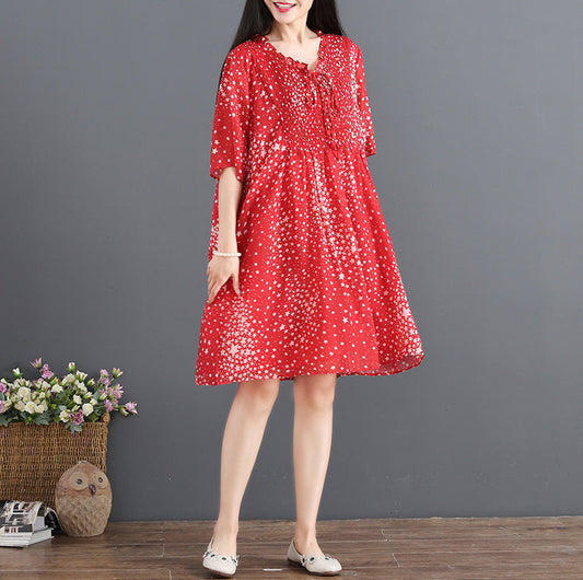 Mode rotes Chiffon-Sommerkleid V-Ausschnitt Halbarm Partykleid gepunktete Baggy Kleider Kordelzug Sommerkleid