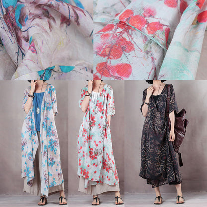 fashion red floral linen caftans casual v neck linen maxi dress Fine half sleeve tie waist caftans