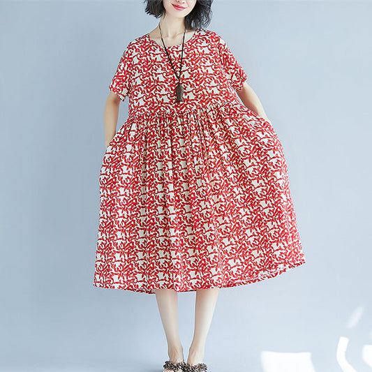 Mode rotes Leinen Kniekleid übergroße Freizeitkleid feine Kurzarm Blumen O Hals Kleider