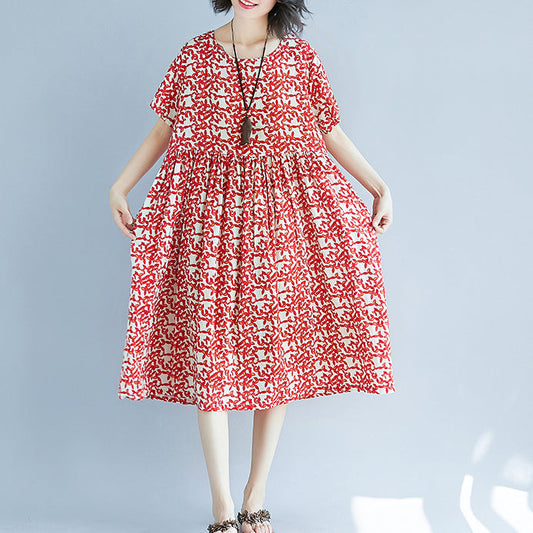 Mode rotes Leinen Kniekleid übergroße Freizeitkleid feine Kurzarm Blumen O Hals Kleider