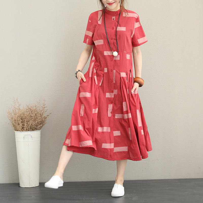 Mode rot natürliche Baumwolle Hemd Kleid lässig Stehkragen Reisen Kleidung feine große Saum Kleid