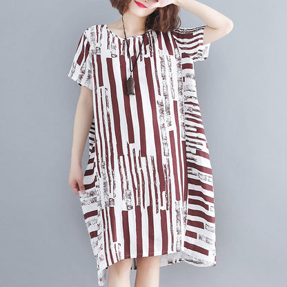 Mode rot reine baumwolle gemischt kleid plus größe urlaub kleider frauen kurzarm Geometrische O neck asymmetrische baumwolle gemischt kleidung