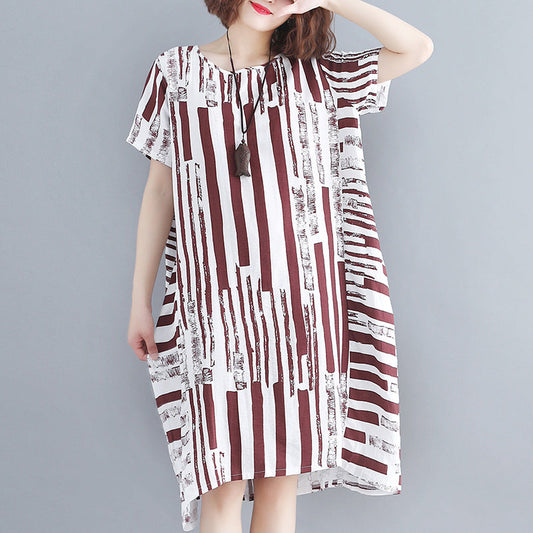 Mode rot reine baumwolle gemischt kleid plus größe urlaub kleider frauen kurzarm Geometrische O neck asymmetrische baumwolle gemischt kleidung
