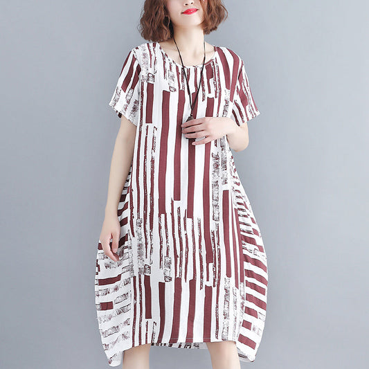 Mode rot reine baumwolle gemischt kleid plus größe urlaub kleider frauen kurzarm Geometrische O neck asymmetrische baumwolle gemischt kleidung