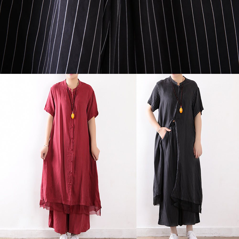 Mode rot gestreiften lässigen Seidenhemd Kleid und elastische Taille weiten Bein Hosen zwei Stücke
