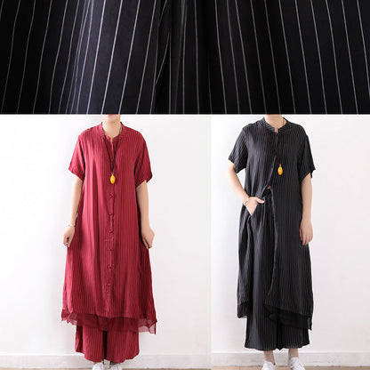 Mode rot gestreiften lässigen Seidenhemd Kleid und elastische Taille weiten Bein Hosen zwei Stücke