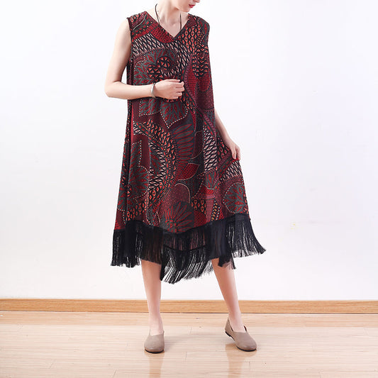 Mode rot gelb Drucke lange Chiffonkleider übergroße Quaste Chiffon Kleidung Kleider lässig ärmellose Maxikleider