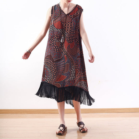 Mode rot gelb Drucke lange Chiffonkleider übergroße Quaste Chiffon Kleidung Kleider lässig ärmellose Maxikleider