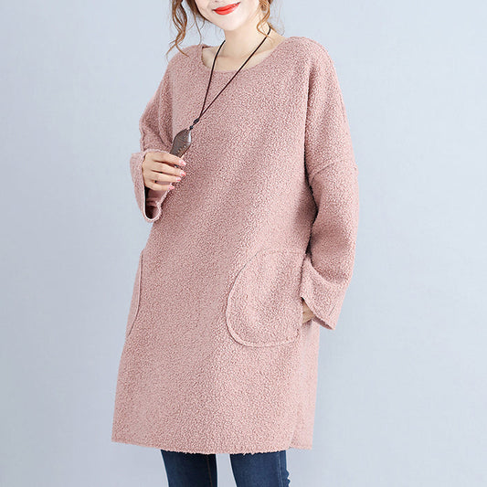 modisches warmes rosa Cord Mid-Shift-Kleid übergroßes Strickkleid mit großen Taschen