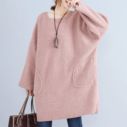 modisches warmes rosa Cord Mid-Shift-Kleid übergroßes Strickkleid mit großen Taschen