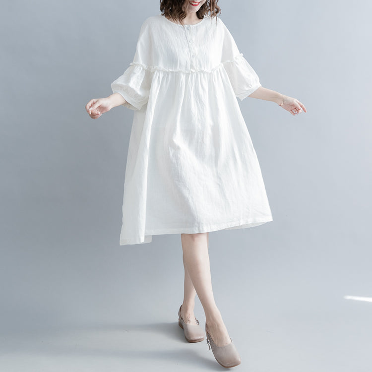 Mode weiß Baumwolle Leinen Knie Kleid plus Größe Kleidung Baumwolle Leinen Kleidung Kleider Neue Laterne Ärmel Cinched O Hals Baggy Kleider