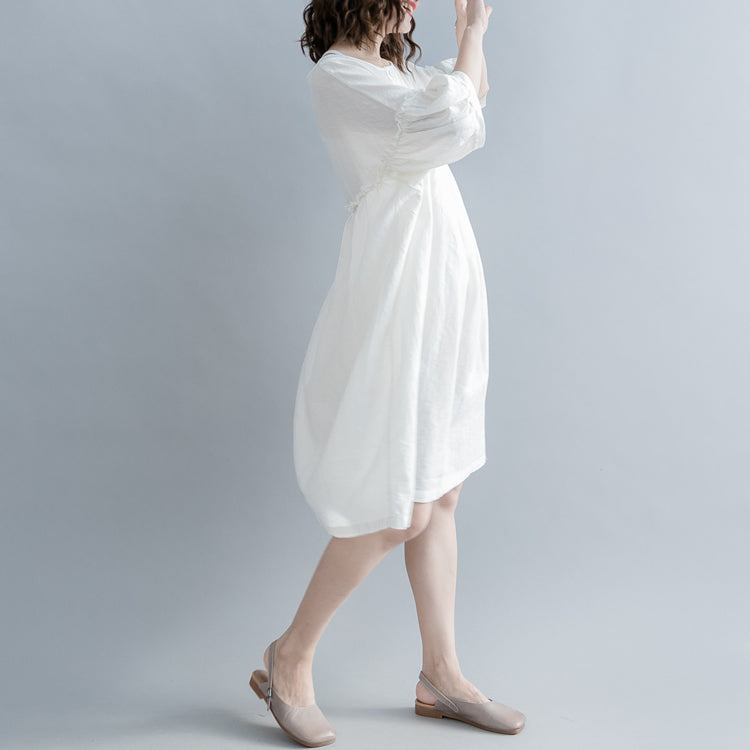 Mode weiß Baumwolle Leinen Knie Kleid plus Größe Kleidung Baumwolle Leinen Kleidung Kleider Neue Laterne Ärmel Cinched O Hals Baggy Kleider