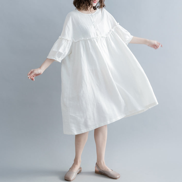 Mode weiß Baumwolle Leinen Knie Kleid plus Größe Kleidung Baumwolle Leinen Kleidung Kleider Neue Laterne Ärmel Cinched O Hals Baggy Kleider