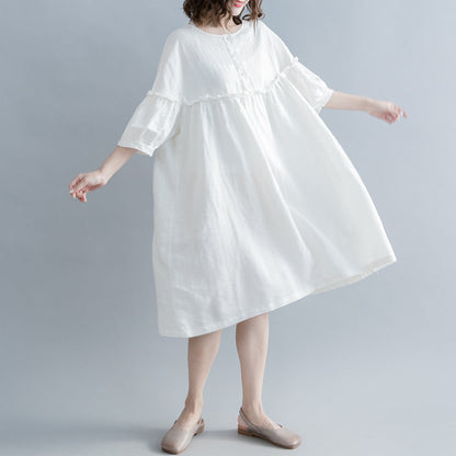 Mode weiß Baumwolle Leinen Knie Kleid plus Größe Kleidung Baumwolle Leinen Kleidung Kleider Neue Laterne Ärmel Cinched O Hals Baggy Kleider