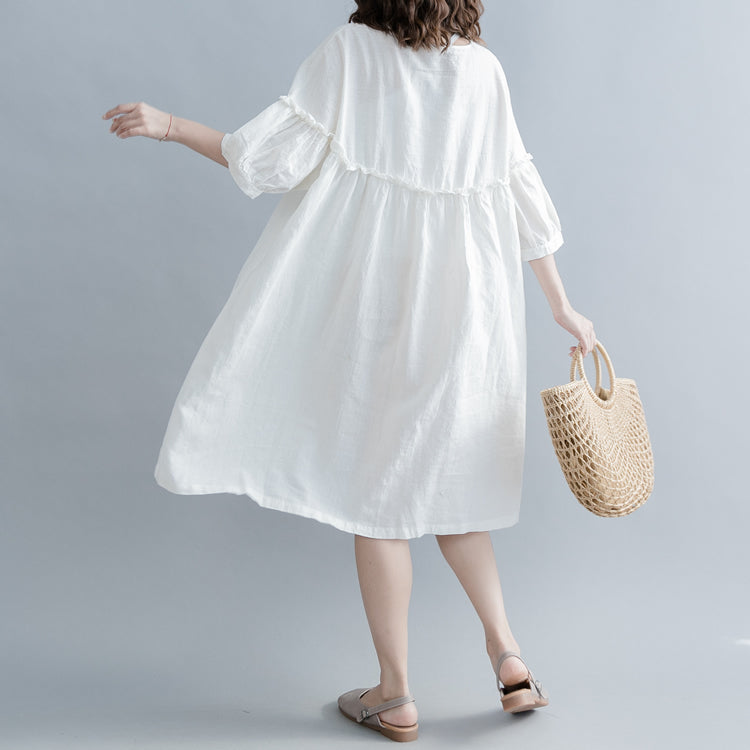 Mode weiß Baumwolle Leinen Knie Kleid plus Größe Kleidung Baumwolle Leinen Kleidung Kleider Neue Laterne Ärmel Cinched O Hals Baggy Kleider