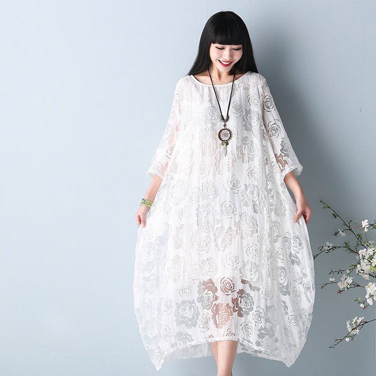 Mode weiß aushöhlen Maxi-Kleider O-Ausschnitt Halbarm Sommerkleid asymmetrische Sommer Maxi-Kleid