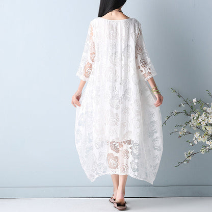 Mode weiß aushöhlen Maxi-Kleider O-Ausschnitt Halbarm Sommerkleid asymmetrische Sommer Maxi-Kleid