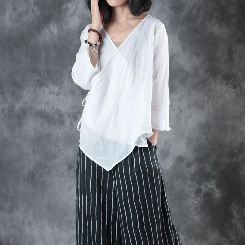 Mode weiße Leinenbluse Plus Size Kleidung Leinen Baumwolle T-Shirt Frauen halbe Ärmel V-Ausschnitt Krawatte Taille Baumwollkleidung