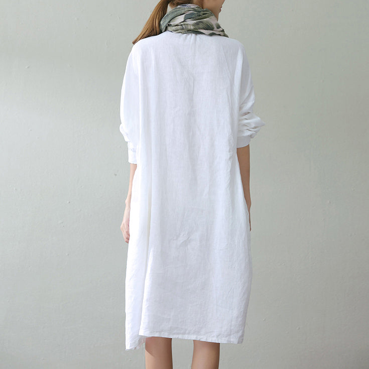 Mode weiße Leinenkaftane Übergröße Stand Cinched Kaftane feine Langarmtaschen Kaftan