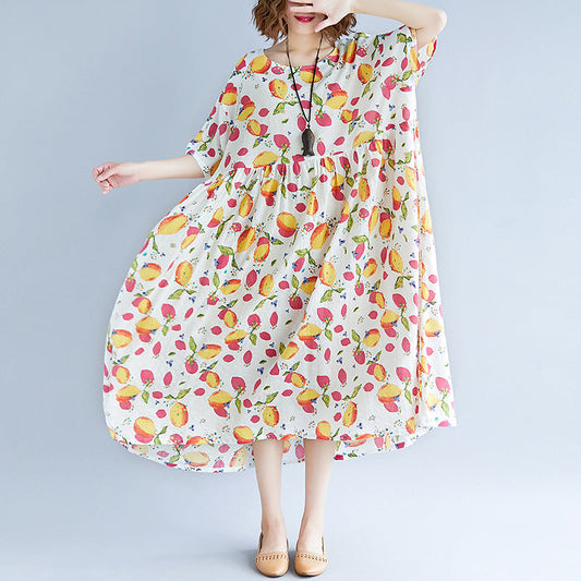 modische weiße lange Kleider aus Baumwollleinen, lässige Kleider mit kurzen Ärmeln und Print, elegante Kleider aus Baumwollleinen mit V-Ausschnitt