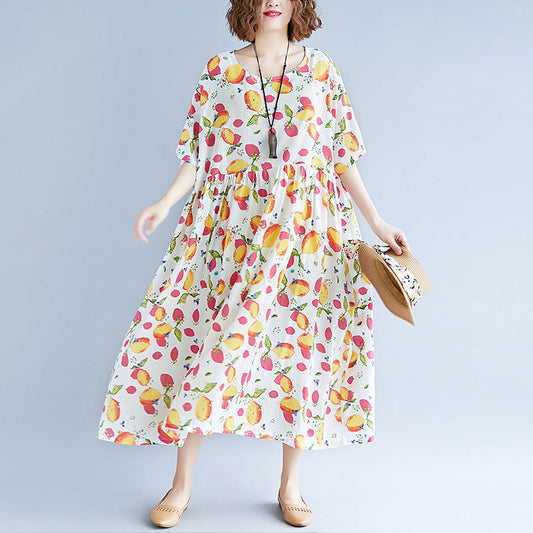 modische weiße lange Kleider aus Baumwollleinen, lässige Kleider mit kurzen Ärmeln und Print, elegante Kleider aus Baumwollleinen mit V-Ausschnitt