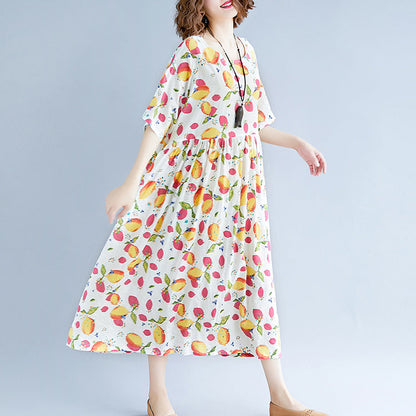 modische weiße lange Kleider aus Baumwollleinen, lässige Kleider mit kurzen Ärmeln und Print, elegante Kleider aus Baumwollleinen mit V-Ausschnitt