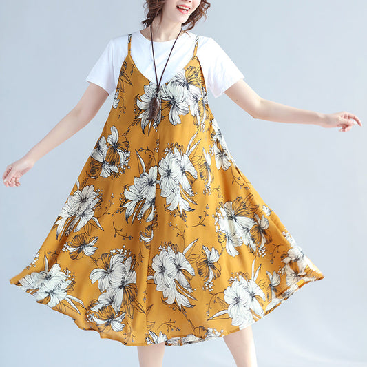 Modisches, gelbes Print-Kleid aus ärmellosem Chiffon in Midilänge, Reisekleid in Übergröße und Baumwolloberteile, lässiger Zweiteiler