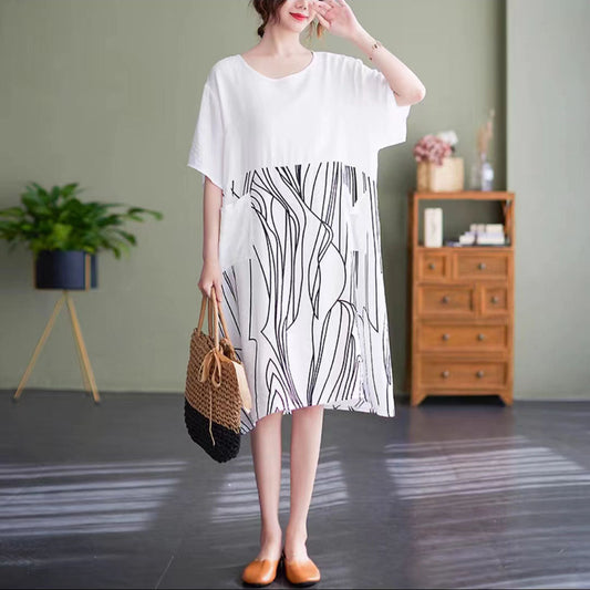 Mode schwarz Midi-Baumwollkleider Plus Size Kleidung Freizeitkleid Patchwork O-Ausschnitt Kurzarm Baumwollkleid