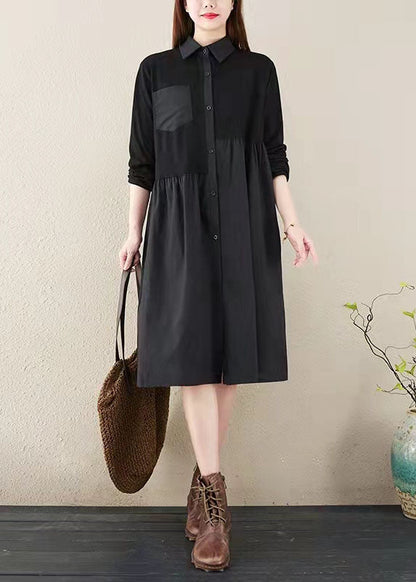 Mode schwarz gestreiften natürlichen Baumwolle Leinen Kleid Plus Größe Shirt Kleid Vintage Langarm Seite offen Stand Baggy Kleider