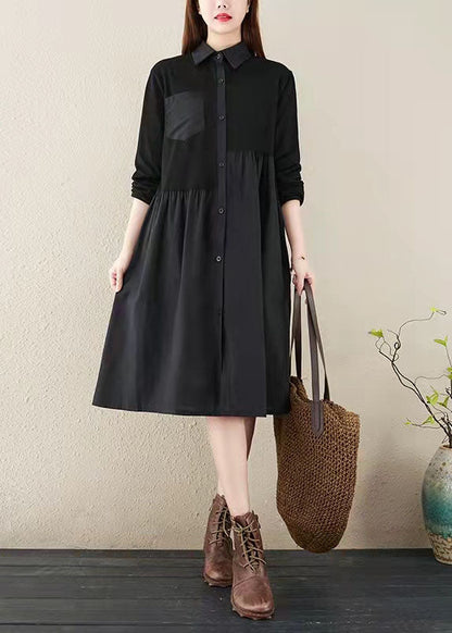 Mode schwarz gestreiften natürlichen Baumwolle Leinen Kleid Plus Größe Shirt Kleid Vintage Langarm Seite offen Stand Baggy Kleider