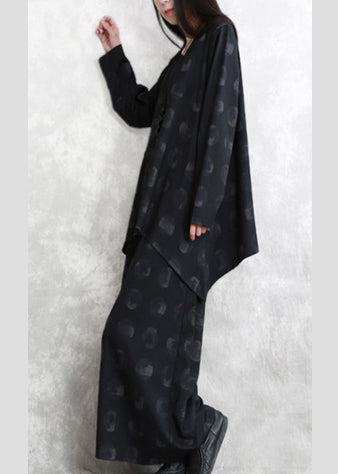 Schwarze Bluse mit Aufdruck in Übergröße, zweiteiliges Set mit asymmetrischem