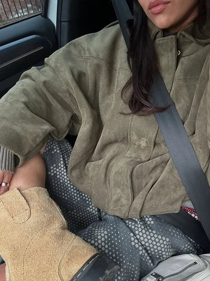 Olive Green Suede Oversized Lapel Casual Jacket