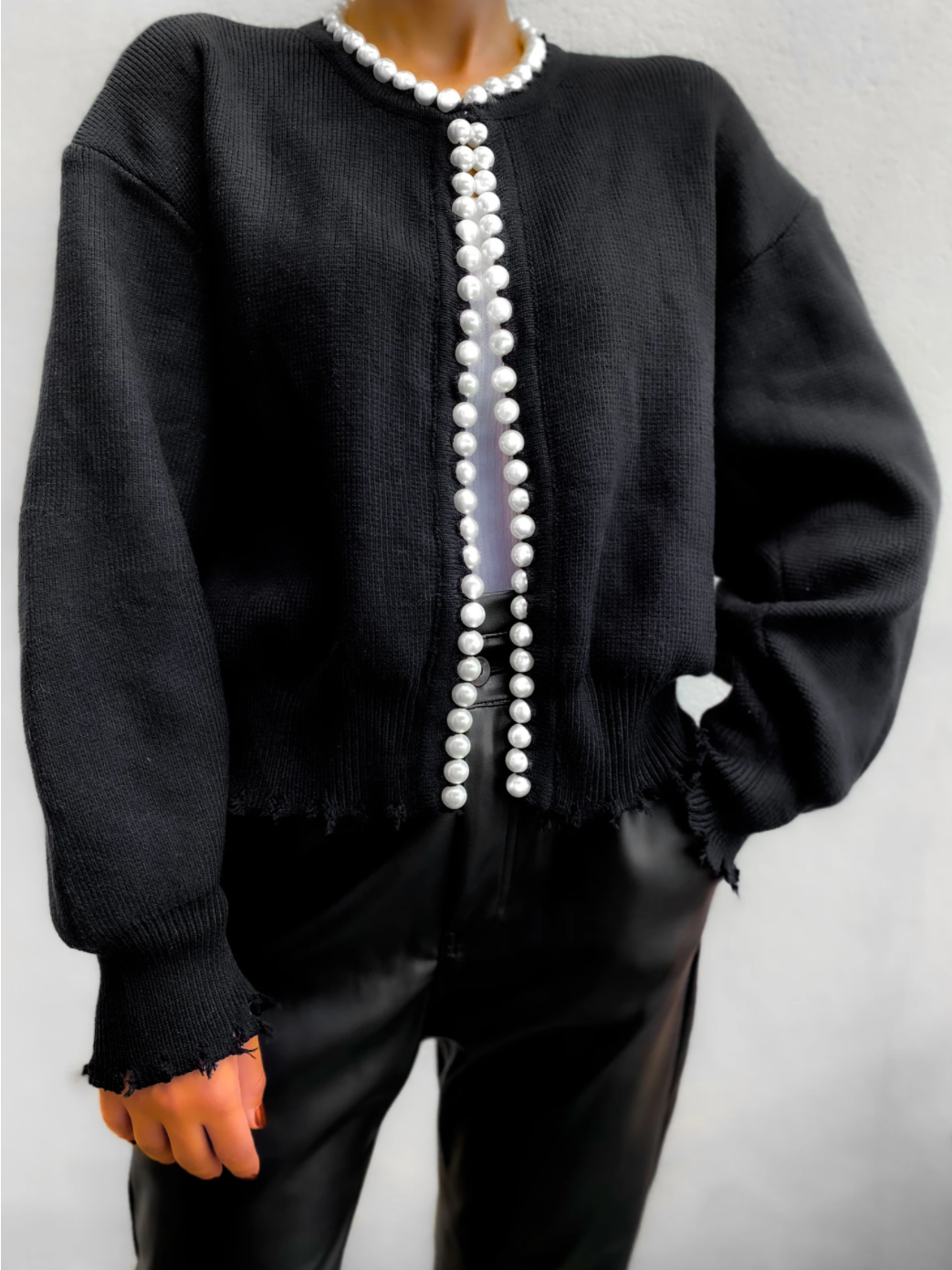Pearl Chain V-Neck Oversized Knit Cardigan