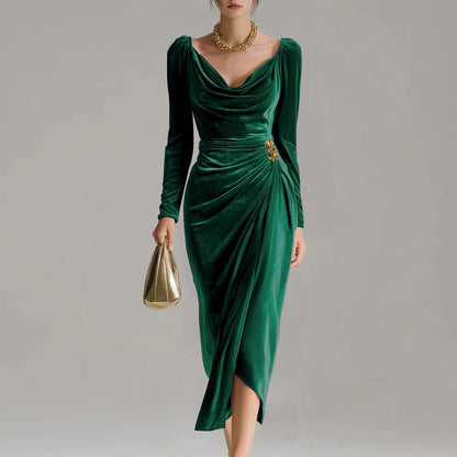 Elegant Pile Collar Velvet Midi Dress