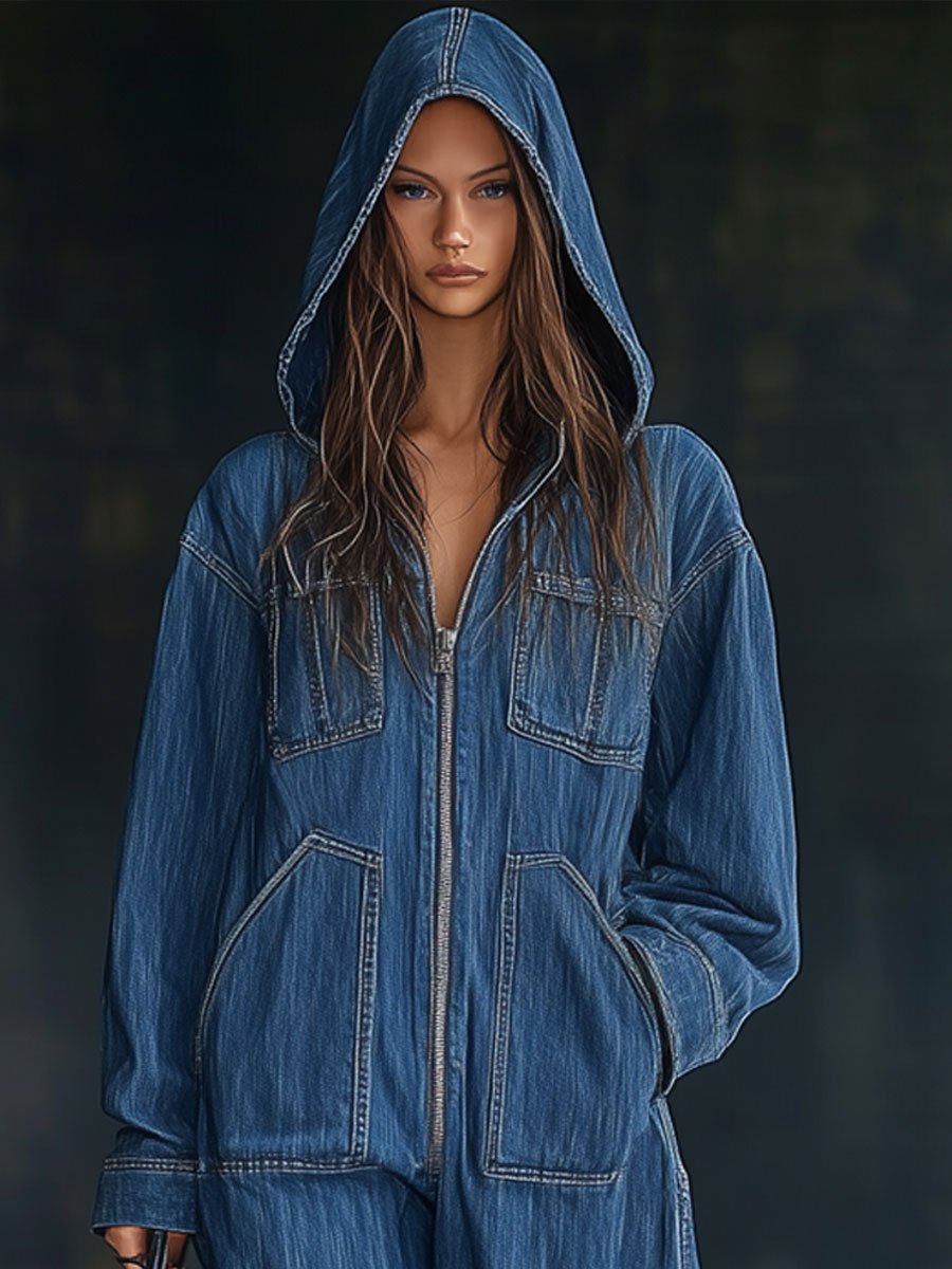 Casual Loose Retro Pocket Long Sleeve Hooded Zipper Denim Jumpsuit
