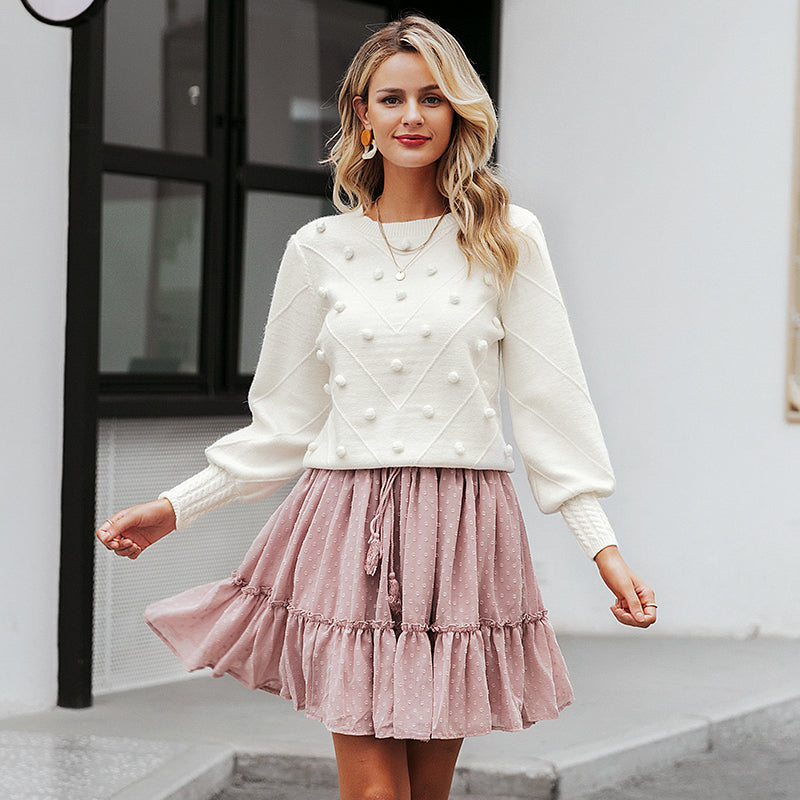 Round-Neck 3D Pom-Pom Oversized Knit Sweater