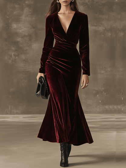 Elegance Burgundy Velvet Wrap Maxi Dress