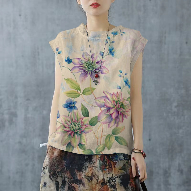 Camiseta de lino con cuello alto y cordón blanco de talla grande, manga corta