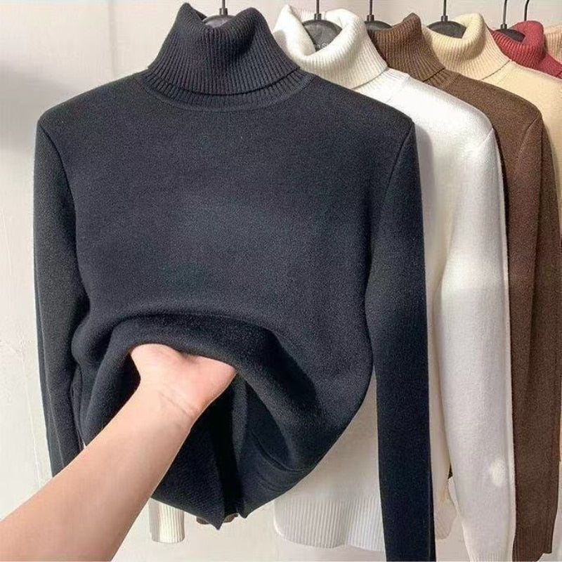 Basic Solid Color High-Neck Fleece-Lined Thermal Knit Base Layer