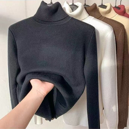 Basic Solid Color High-Neck Fleece-Lined Thermal Knit Base Layer