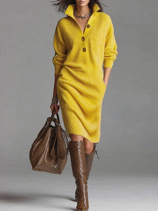 Women's Solid Color Stand Collar Long Sleeve Casual Loose Knitted Dress